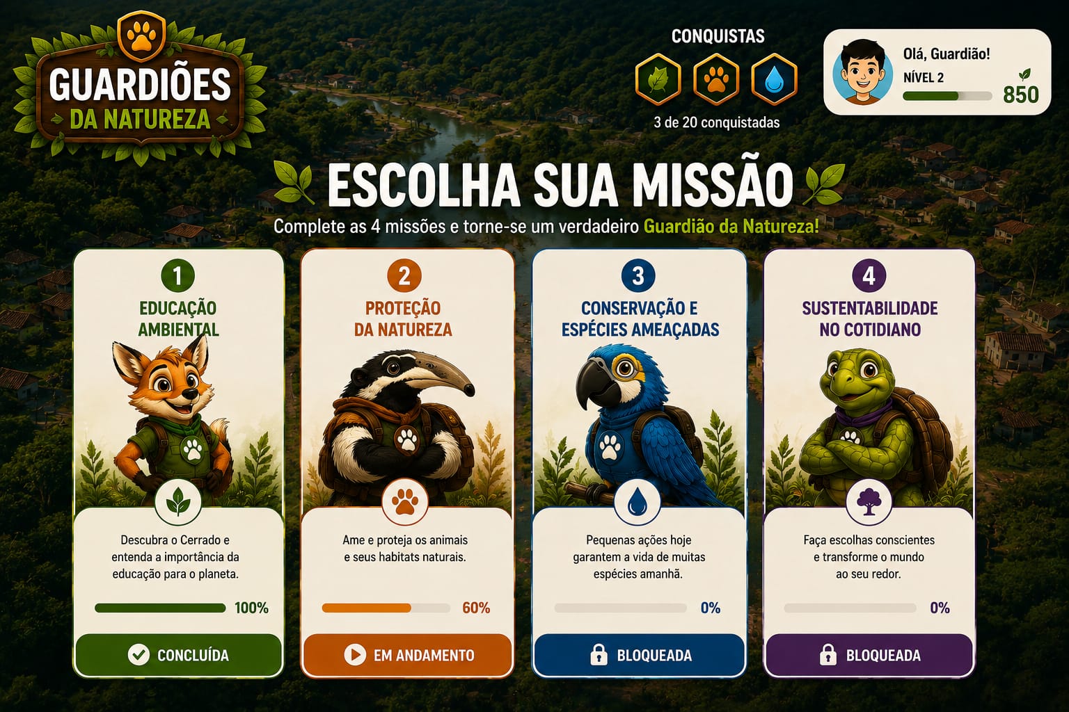 Tela de escolha de missão da plataforma Guardiões da Natureza, com as quatro missões e seus mascotes