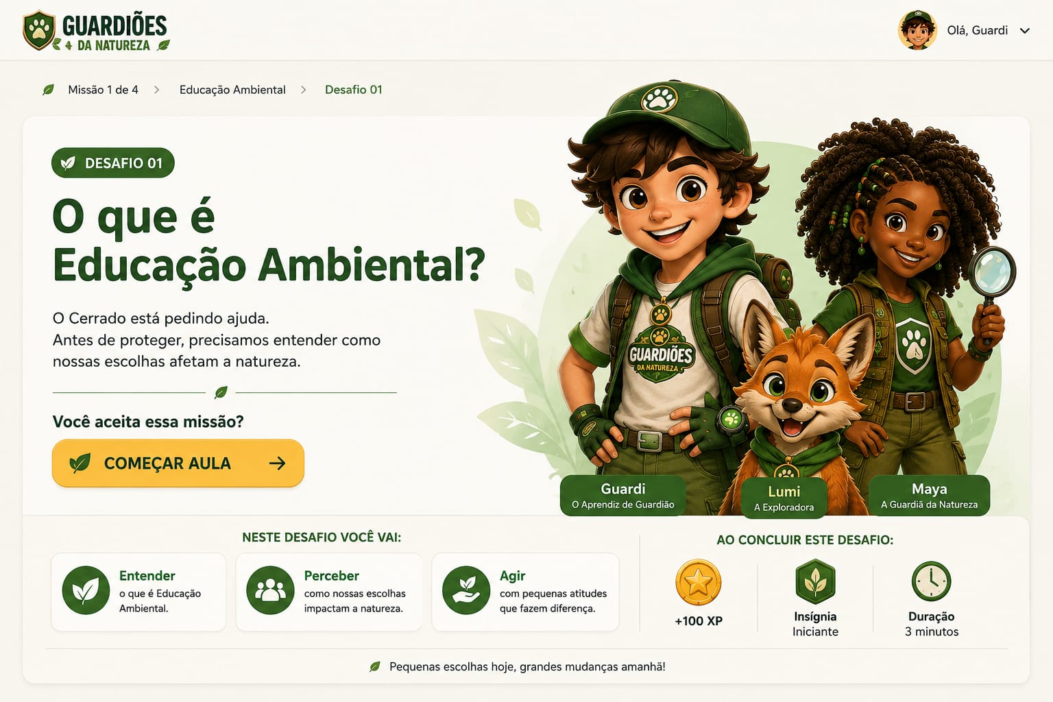 Tela de abertura de um desafio, com os personagens Guardi, Lumi e Maya