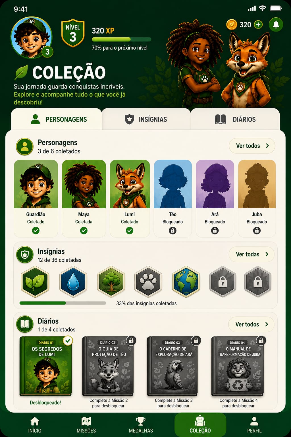 Tela de coleção do app: personagens, insígnias e diários